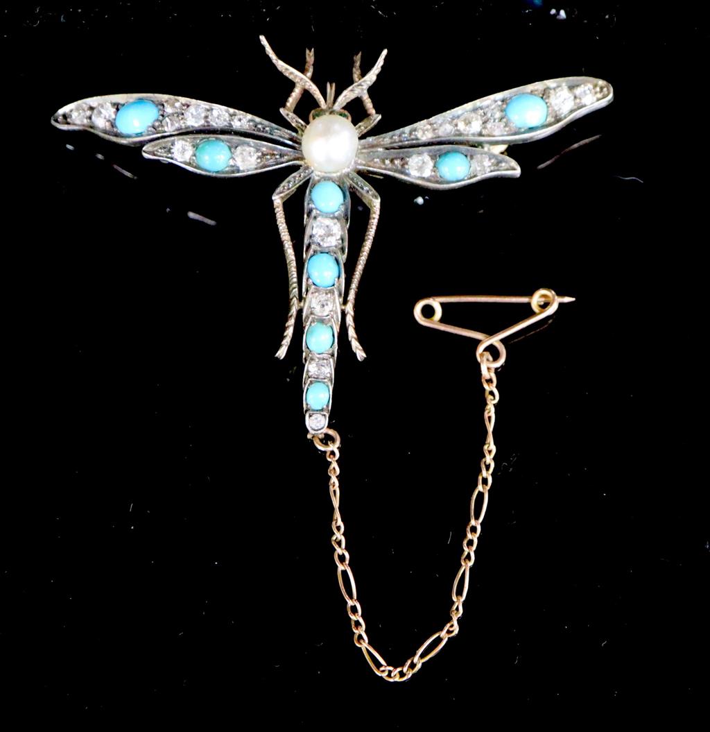 A Victorian gold and silver, turquoise, diamond and pearl set dragonfly brooch,